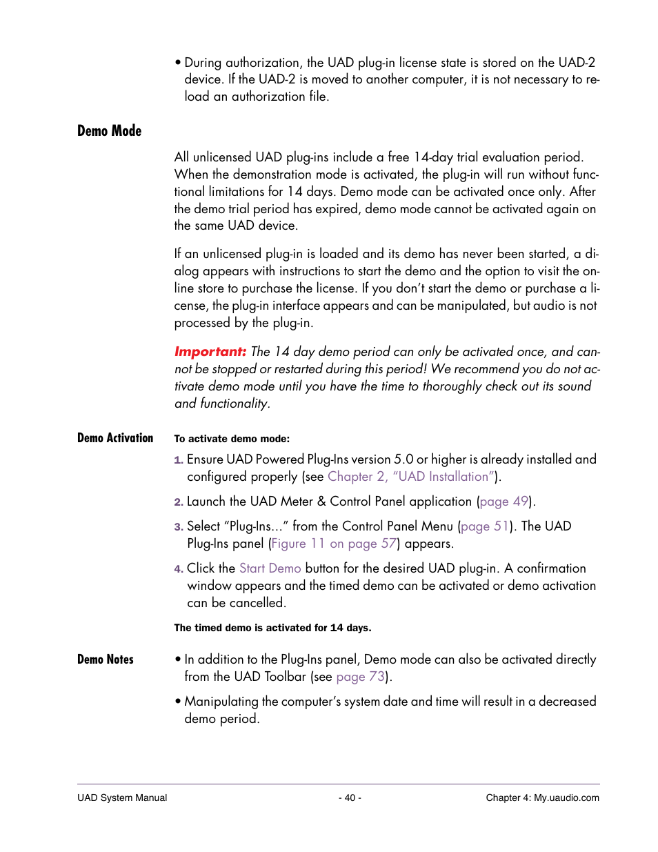 Demo mode, Demo activation, Demo notes | Demo mode” on, Period without any functional restrictions. see | Universal Audio UAD SYSTEM ver.6.3.2 User Manual | Page 40 / 129