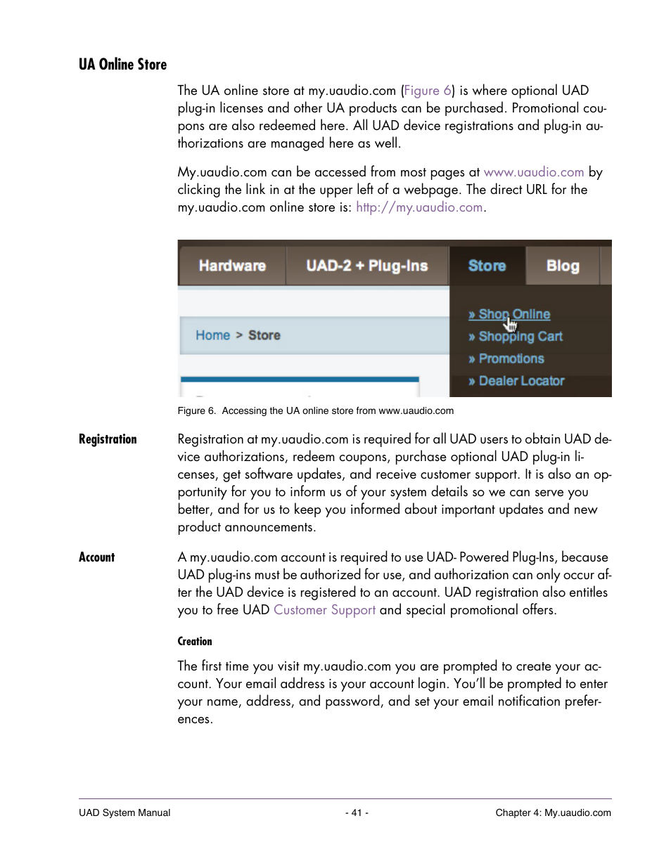 Ua online store, Registration, Account | Plug–in licenses, see | Universal Audio UAD SYSTEM ver.6.3.2 User Manual | Page 41 / 129