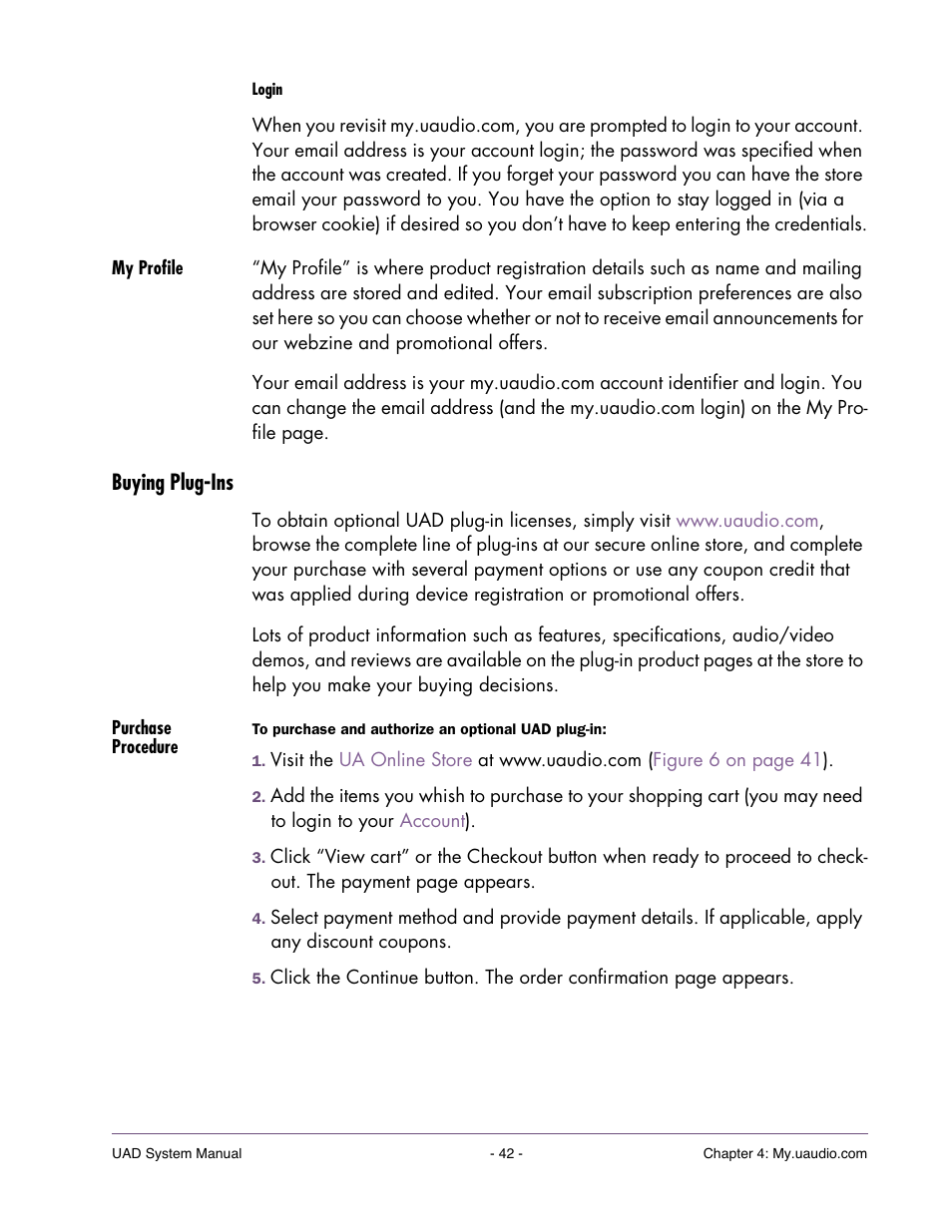 My profile, Buying plug-ins, Purchase procedure | Universal Audio UAD SYSTEM ver.6.3.2 User Manual | Page 42 / 129