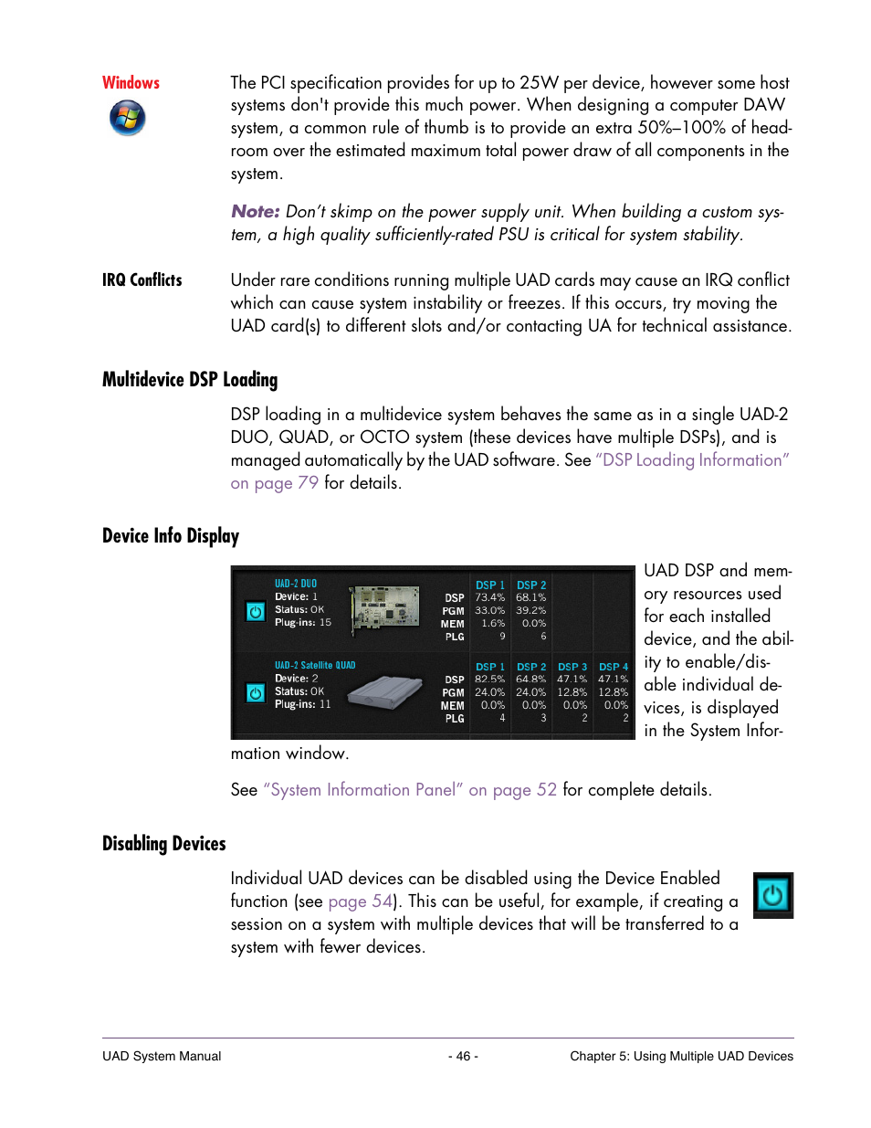 Irq conflicts, Multidevice dsp loading, Device info display | Disabling devices | Universal Audio UAD SYSTEM ver.6.3.2 User Manual | Page 46 / 129