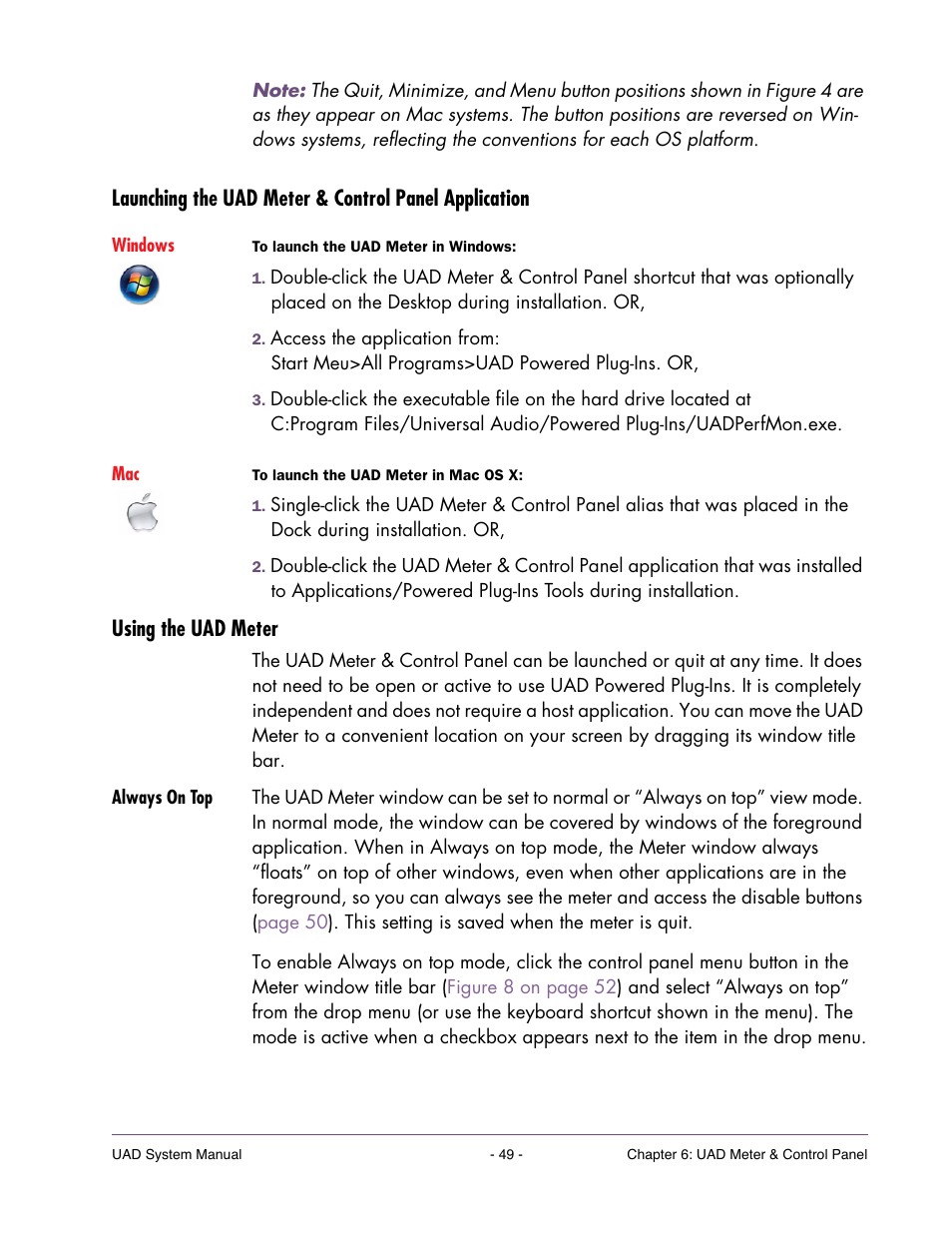 Using the uad meter, Always on top, Launch the uad meter & control panel application | Universal Audio UAD SYSTEM ver.6.3.2 User Manual | Page 49 / 129