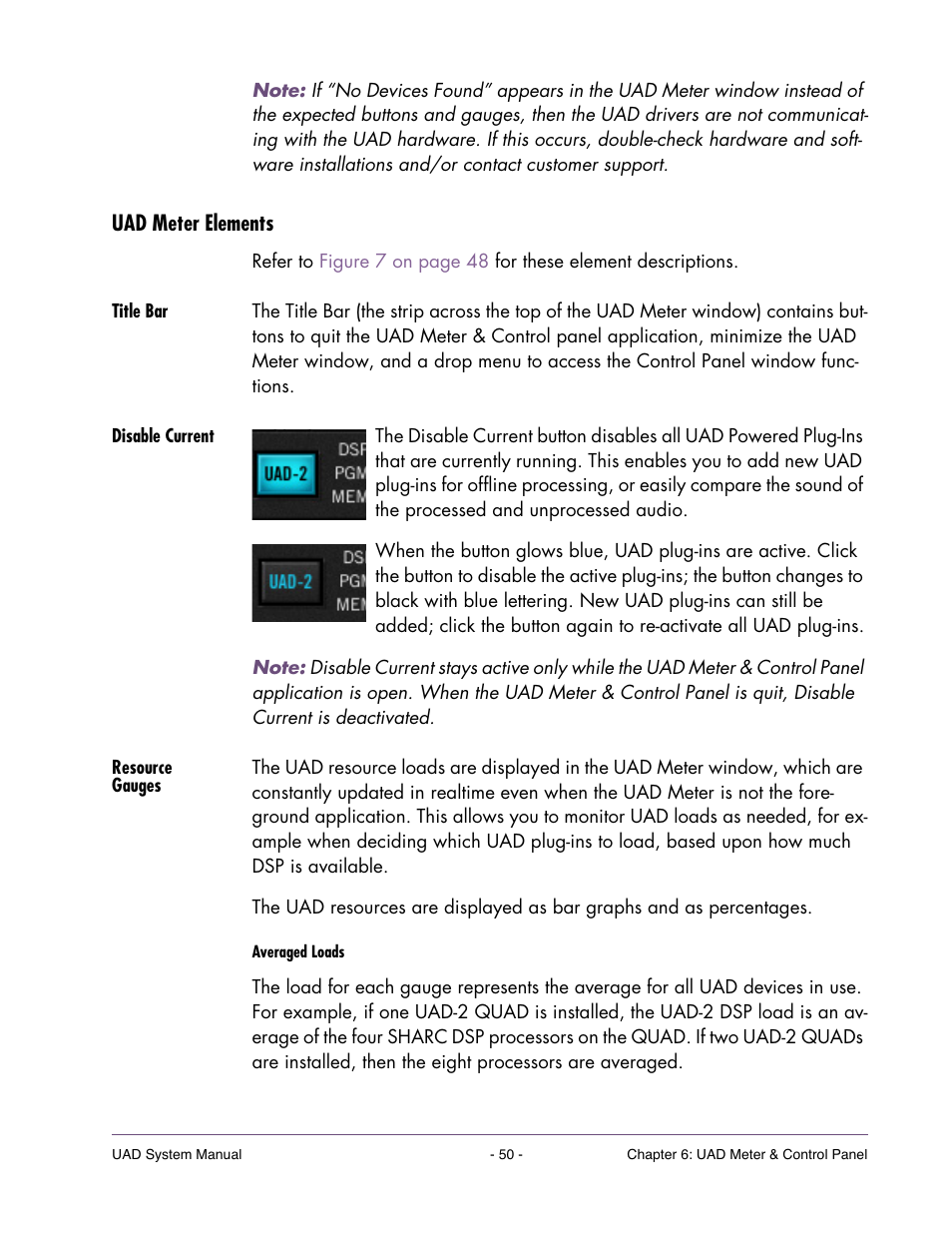 Uad meter elements, Title bar, Disable current | Resource gauges, This setting is saved when the meter is quit | Universal Audio UAD SYSTEM ver.6.3.2 User Manual | Page 50 / 129