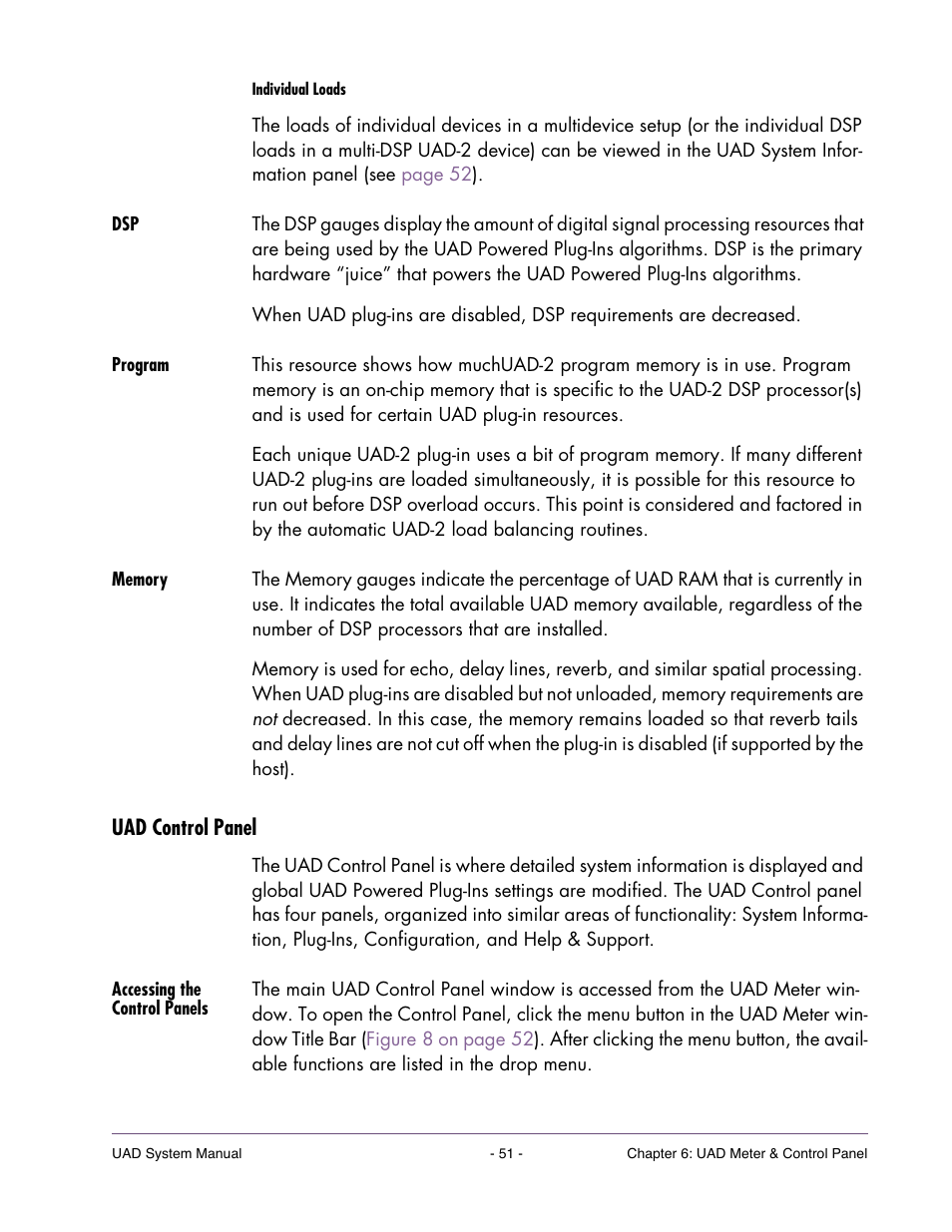 Program, Memory, Uad control panel | Accessing the control panels, Has multiple panels that display and modify, The uad control panel window, Has multiple panels that display | Universal Audio UAD SYSTEM ver.6.3.2 User Manual | Page 51 / 129