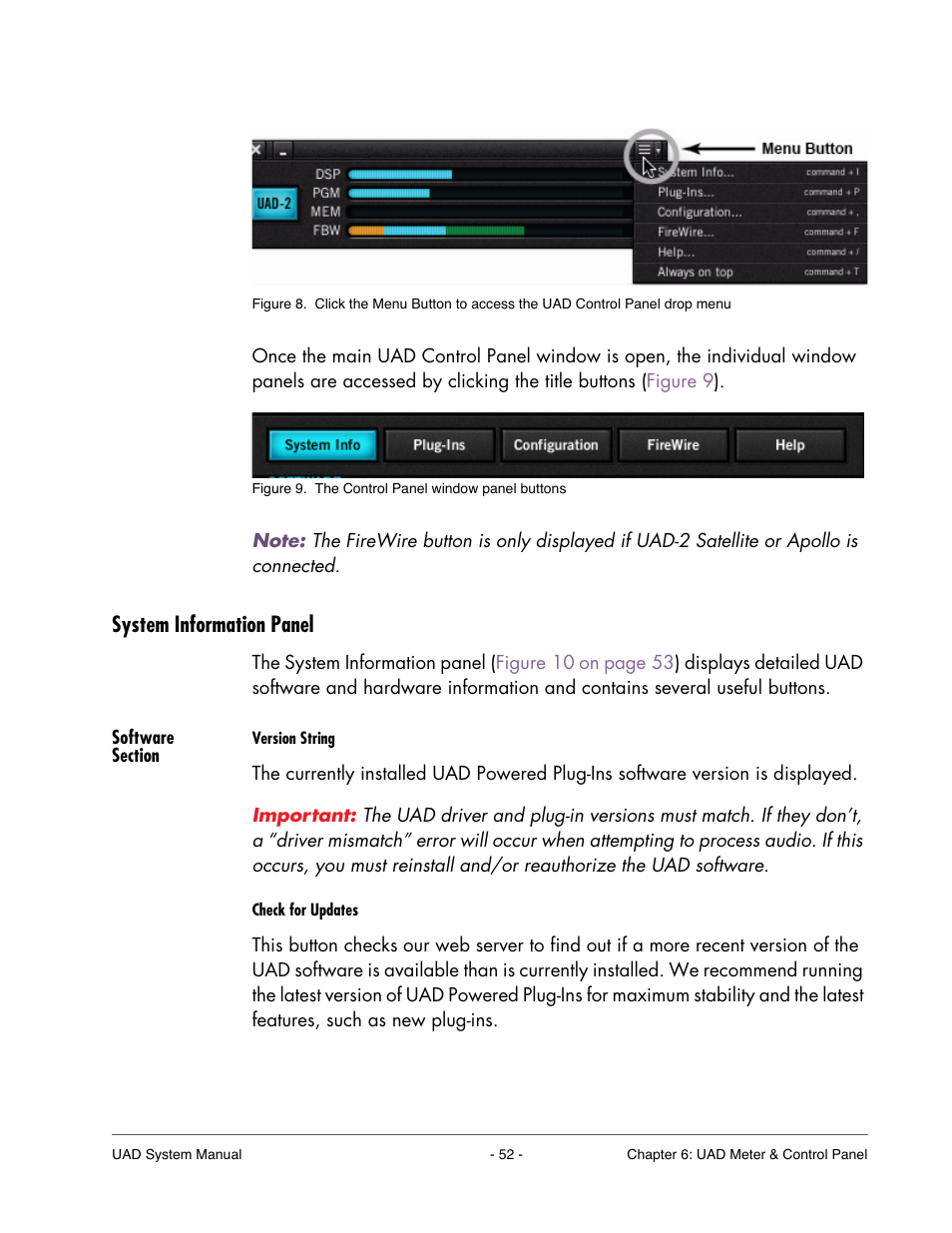 System information panel, Software section, Check | Check for, For complete details, Meter window title bar, And select “always on top, Mation panel (see | Universal Audio UAD SYSTEM ver.6.3.2 User Manual | Page 52 / 129