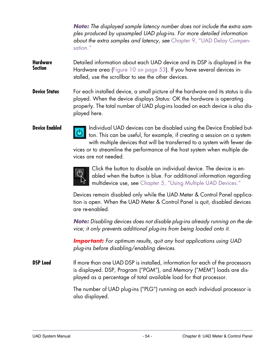 Hardware section, Device status, Device enabled | Dsp load | Universal Audio UAD SYSTEM ver.6.3.2 User Manual | Page 54 / 129