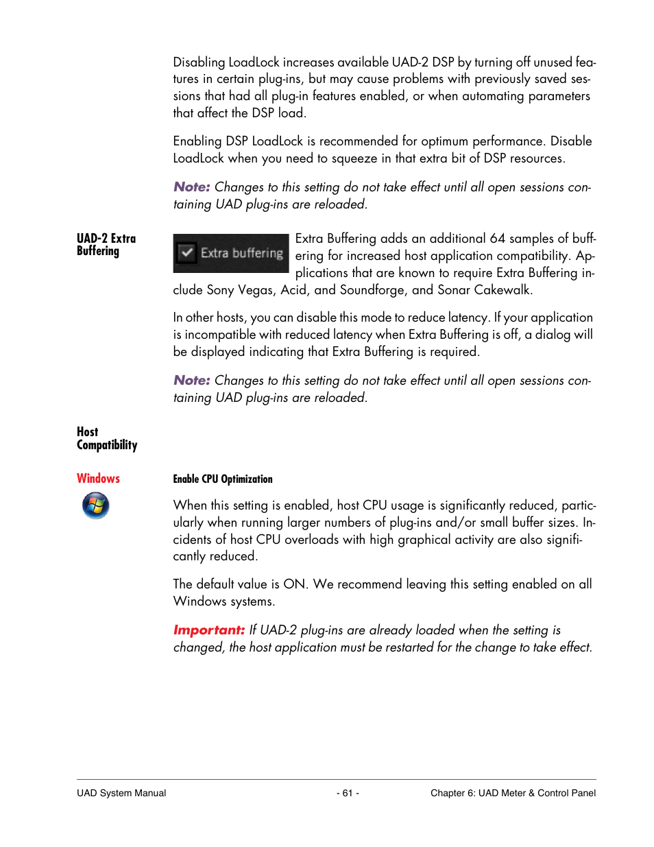 Uad-2 extra buffering, Host compatibility | Universal Audio UAD SYSTEM ver.6.3.2 User Manual | Page 61 / 129