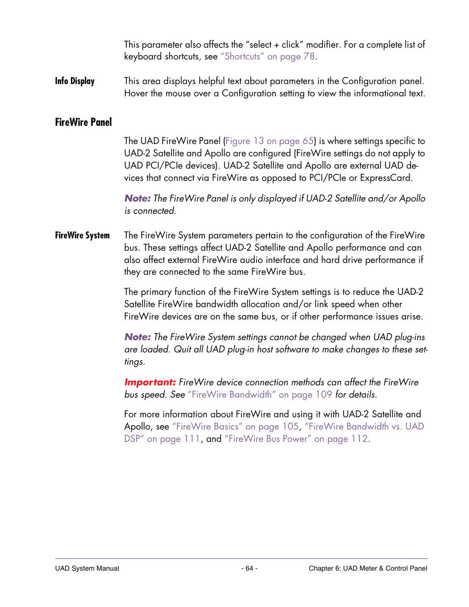 Info display, Firewire panel, Firewire system | Universal Audio UAD SYSTEM ver.6.3.2 User Manual | Page 64 / 129