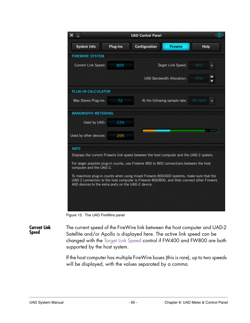 Current link speed, The uad firewire panel, Is where settings specific to | Universal Audio UAD SYSTEM ver.6.3.2 User Manual | Page 65 / 129