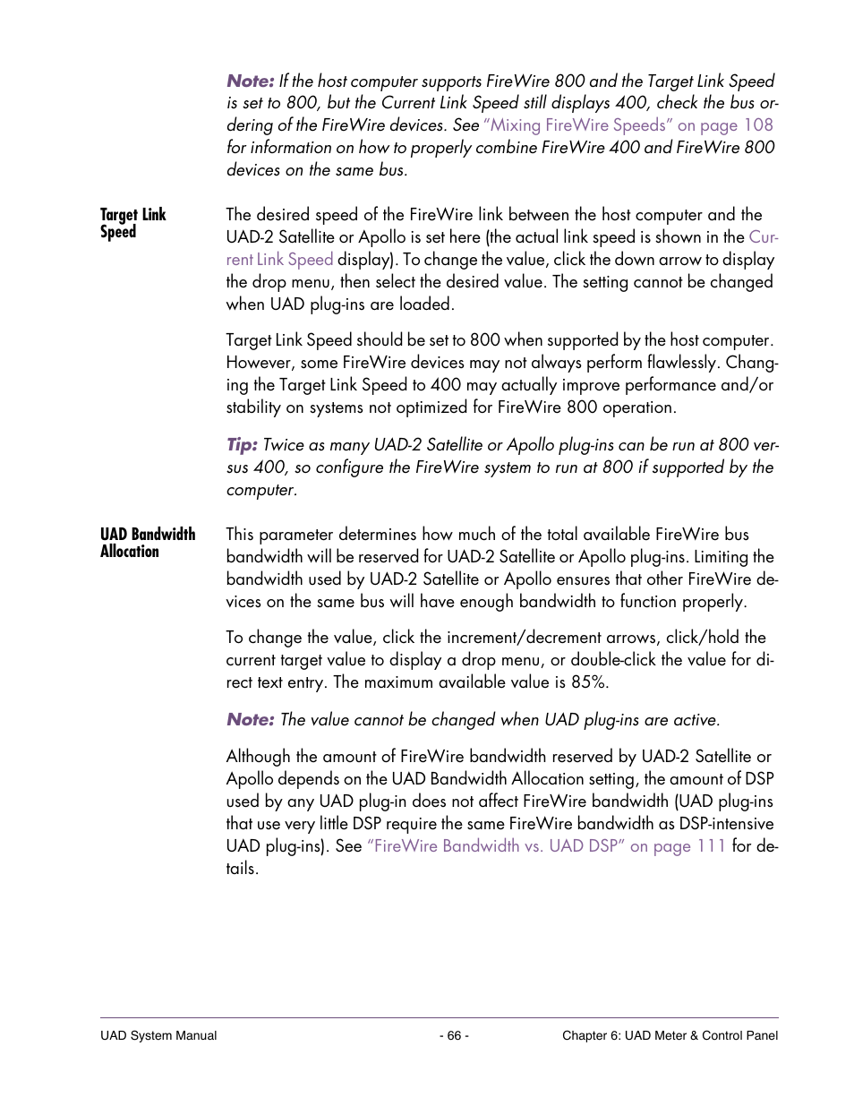 Target link speed, Uad bandwidth allocation | Universal Audio UAD SYSTEM ver.6.3.2 User Manual | Page 66 / 129