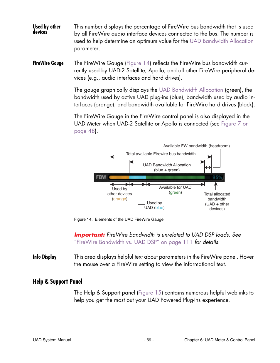 Used by other devices, Firewire gauge, Info display | Help & support panel, Percentage from 100% and enter the | Universal Audio UAD SYSTEM ver.6.3.2 User Manual | Page 69 / 129