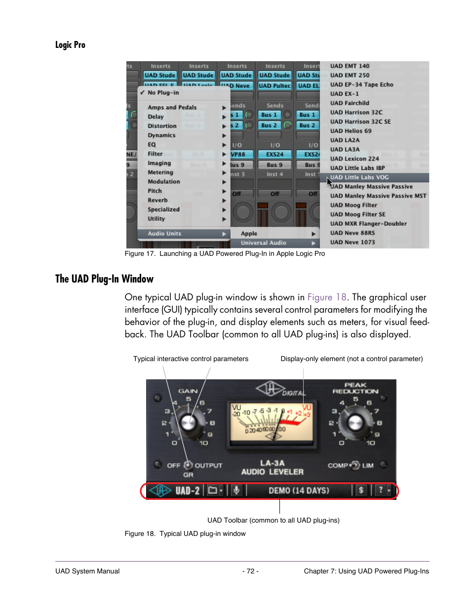 Logic pro, The uad plug-in window | Universal Audio UAD SYSTEM ver.6.3.2 User Manual | Page 72 / 129