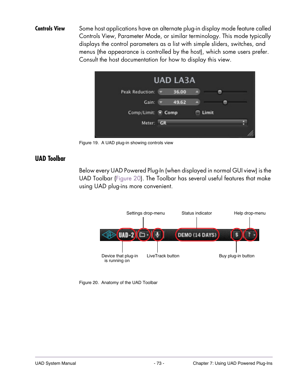 Controls view, Uad toolbar | Universal Audio UAD SYSTEM ver.6.3.2 User Manual | Page 73 / 129