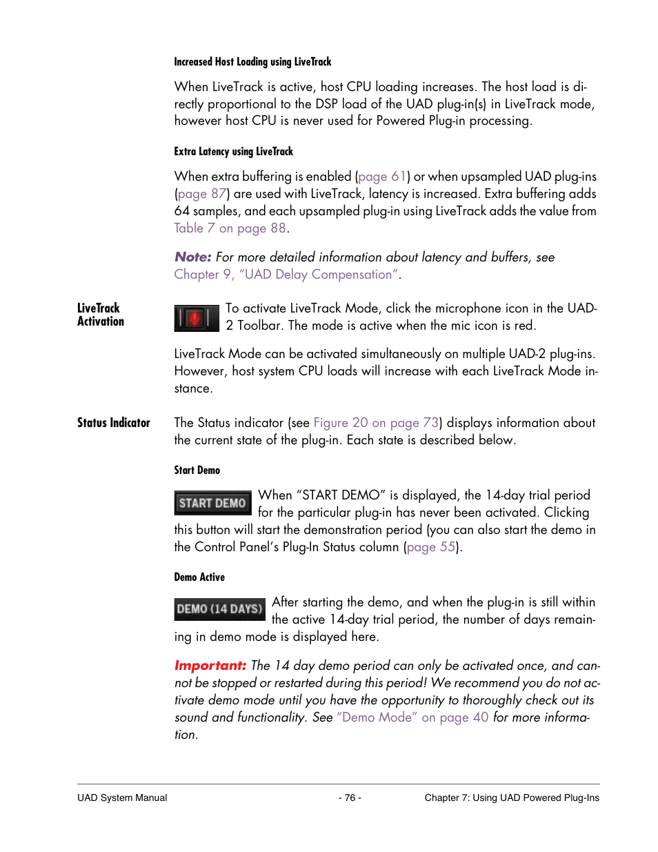 Livetrack activation, Status indicator | Universal Audio UAD SYSTEM ver.6.3.2 User Manual | Page 76 / 129