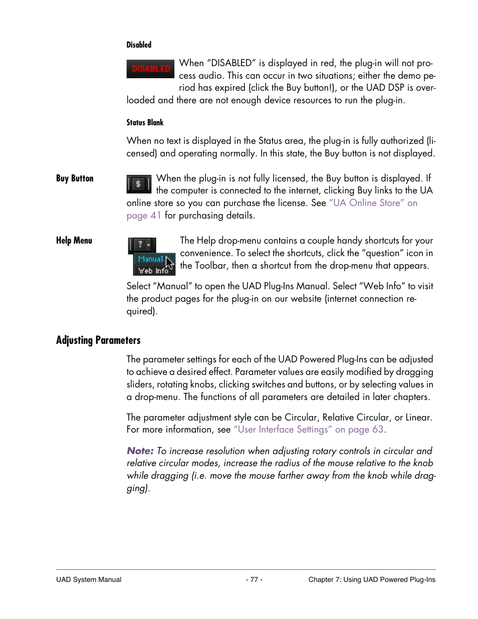 Buy button, Help menu, Adjusting parameters | Universal Audio UAD SYSTEM ver.6.3.2 User Manual | Page 77 / 129