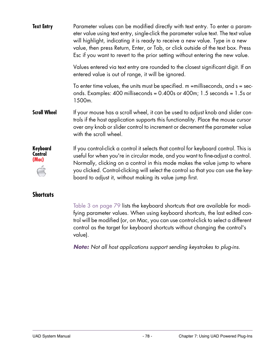 Text entry, Scroll wheel, Keyboard control (mac) | Shortcuts | Universal Audio UAD SYSTEM ver.6.3.2 User Manual | Page 78 / 129