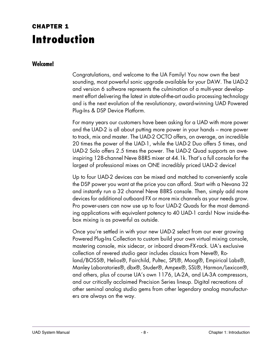 Introduction, Welcome, Chapter 1. introduction | Universal Audio UAD SYSTEM ver.6.3.2 User Manual | Page 8 / 129