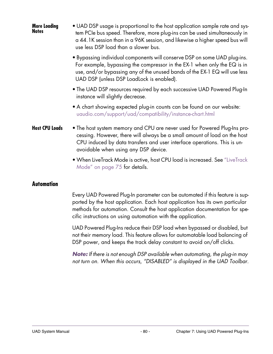 More loading notes, Host cpu loads, Automation | Universal Audio UAD SYSTEM ver.6.3.2 User Manual | Page 80 / 129