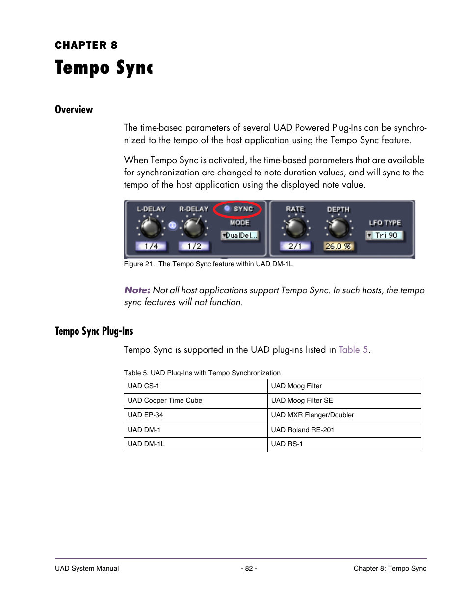 Tempo sync, Overview, Tempo sync plug-ins | Chapter 8. tempo sync, Chapter 8 | Universal Audio UAD SYSTEM ver.6.3.2 User Manual | Page 82 / 129