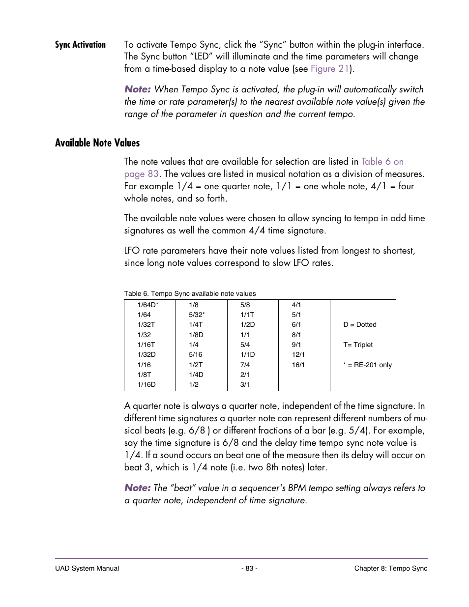 Sync activation, Available note values | Universal Audio UAD SYSTEM ver.6.3.2 User Manual | Page 83 / 129