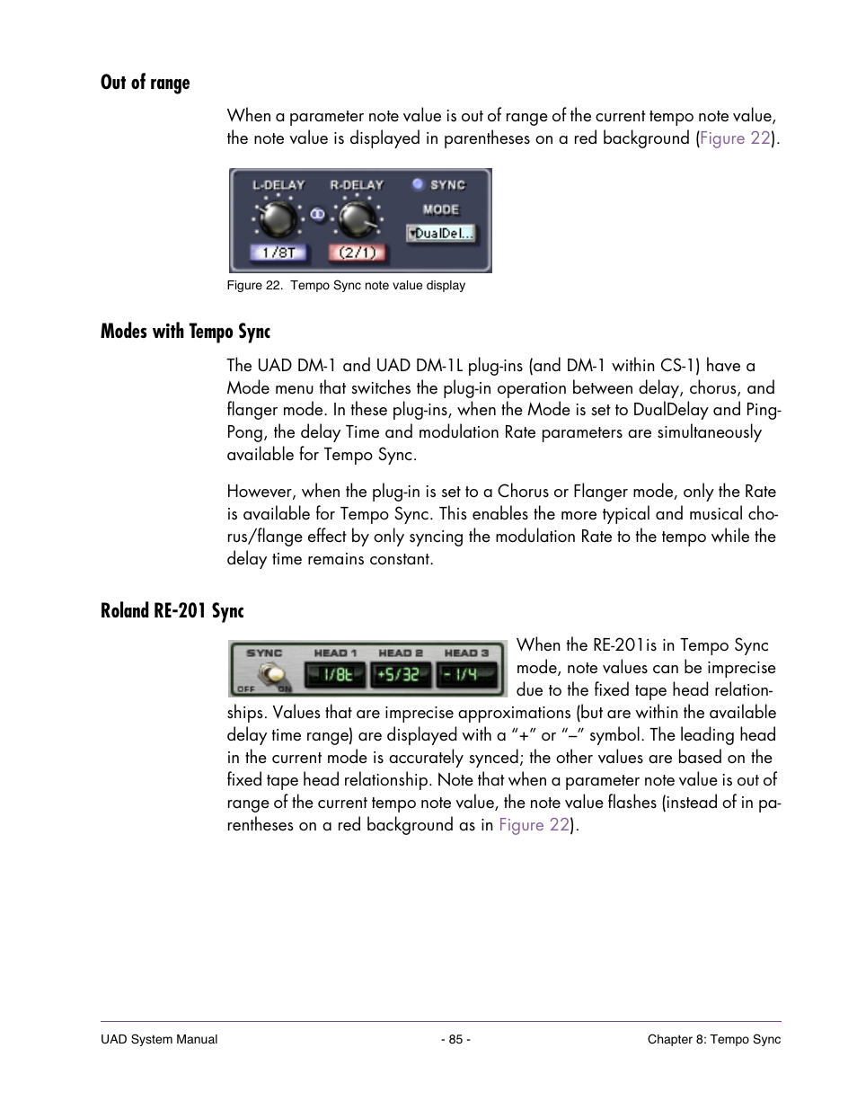 Out of range, Modes with tempo sync, Roland re-201 sync | Universal Audio UAD SYSTEM ver.6.3.2 User Manual | Page 85 / 129