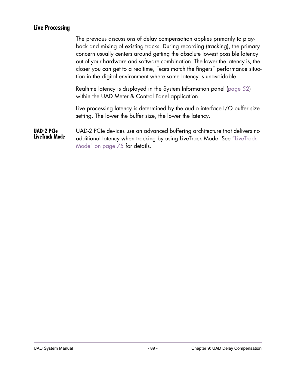 Live processing, Uad-2 pcie livetrack mode | Universal Audio UAD SYSTEM ver.6.3.2 User Manual | Page 89 / 129
