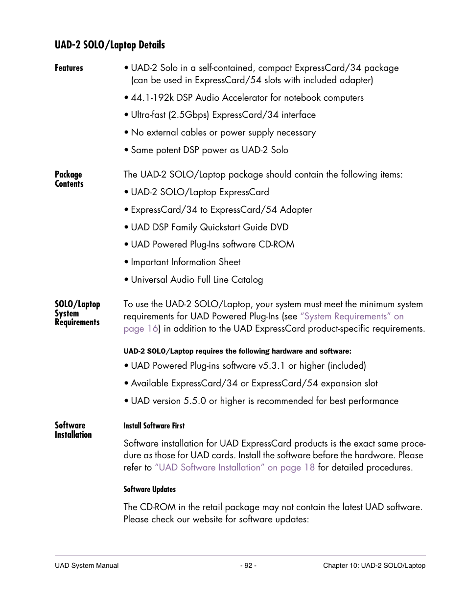 Uad-2 solo/laptop details, Features, Package contents | Solo/laptop system requirements, Software installation | Universal Audio UAD SYSTEM ver.6.3.2 User Manual | Page 92 / 129