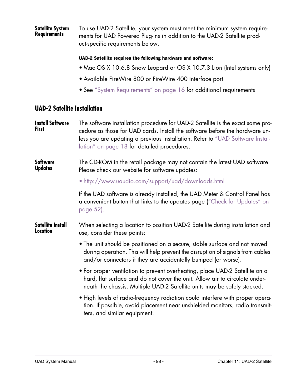 Satellite system requirements, Uad-2 satellite installation, Install software first | Software updates, Satellite install location, Uad-2 sat, Ellite installation, Section beginning on | Universal Audio UAD SYSTEM ver.6.3.2 User Manual | Page 98 / 129