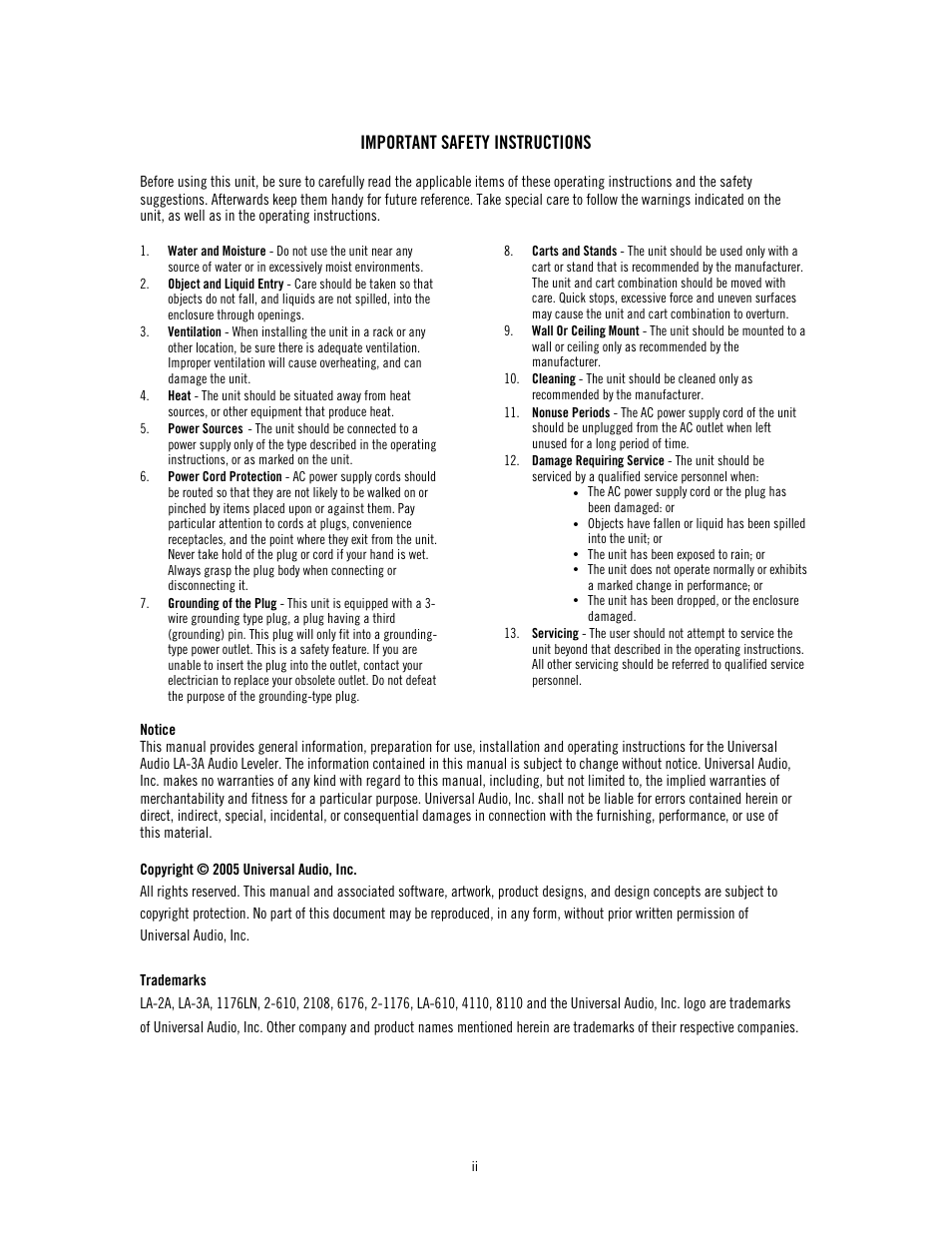 Important safety instructions | Universal Audio LA-3A User Manual | Page 2 / 22