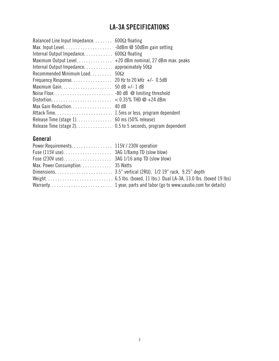 La-3a specifications | Universal Audio LA-3A User Manual | Page 6 / 22