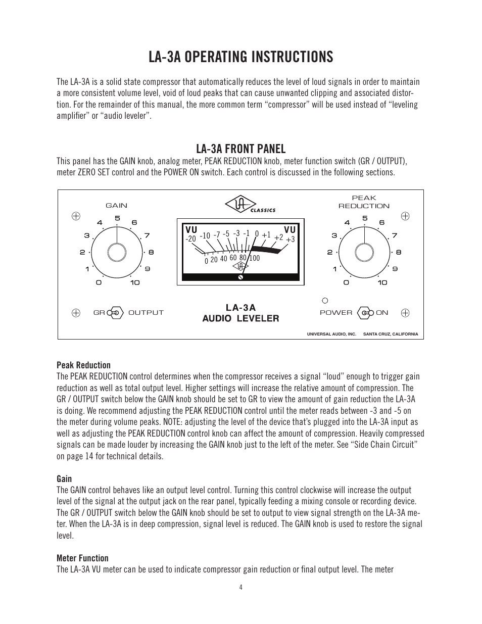 La-3a operating instructions, La-3a front panel | Universal Audio LA-3A User Manual | Page 7 / 22