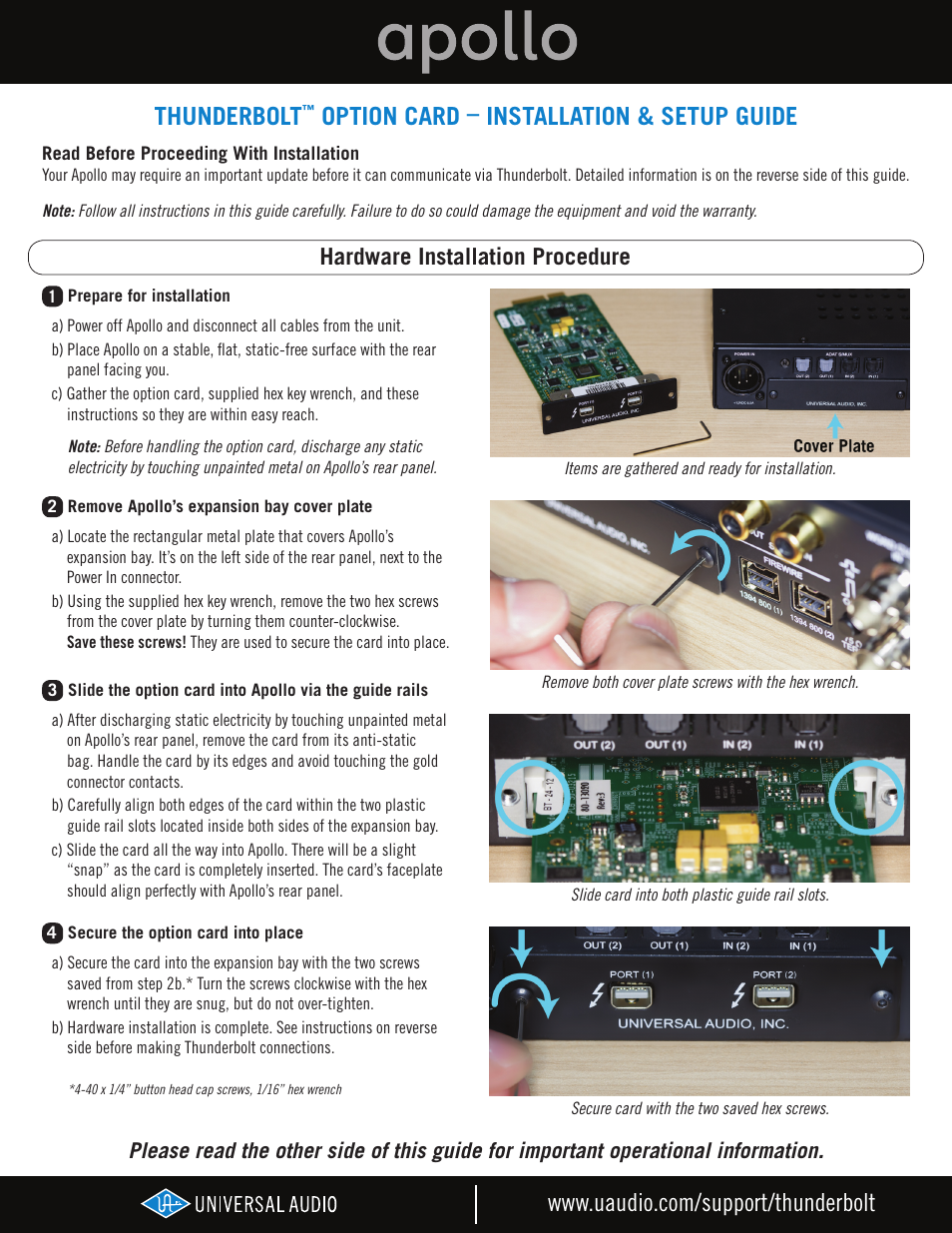 Universal Audio Thunderbolt Option Card User Manual | 2 pages