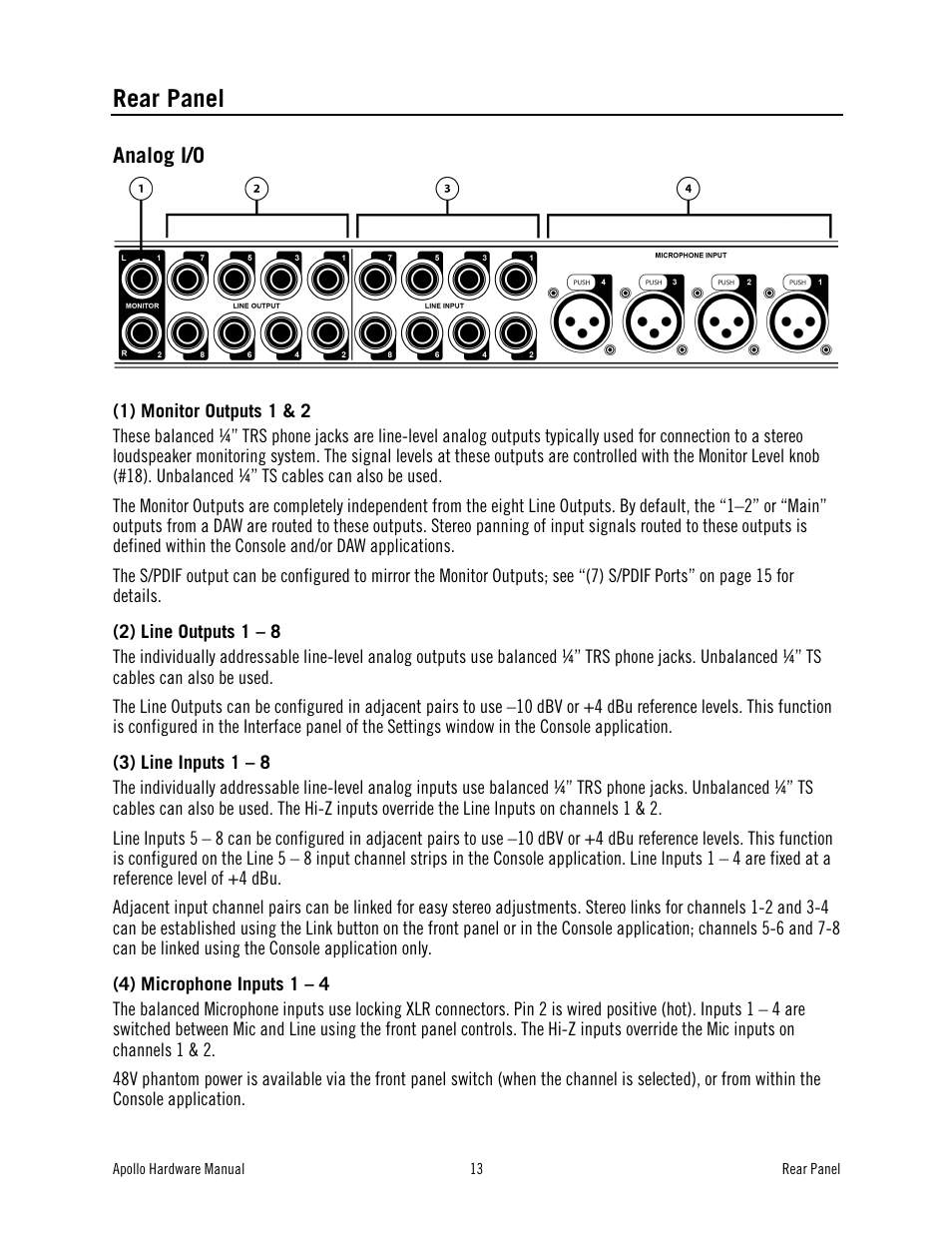 Rear panel | Universal Audio Apollo User Manual | Page 13 / 40