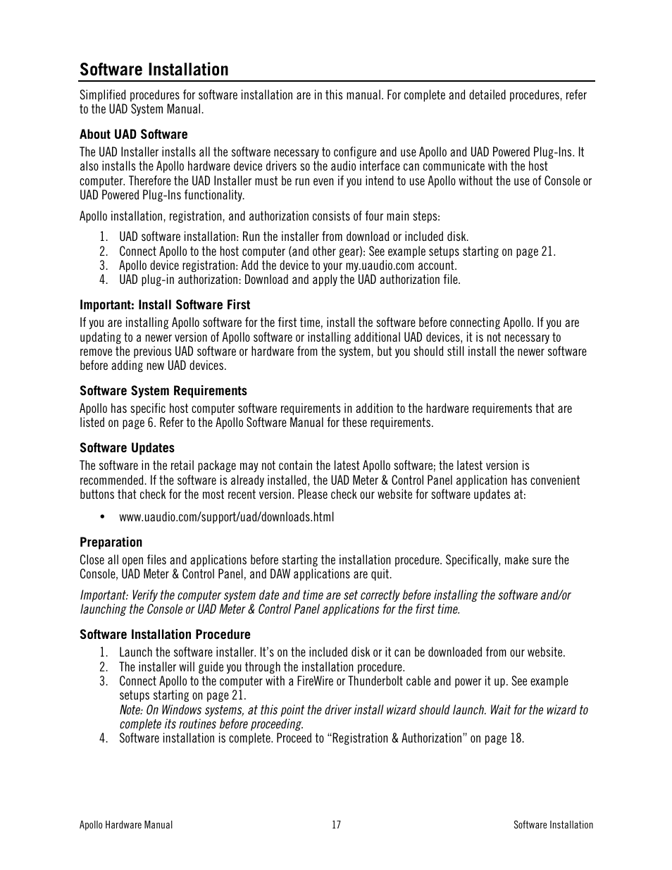 Software installation | Universal Audio Apollo User Manual | Page 17 / 40