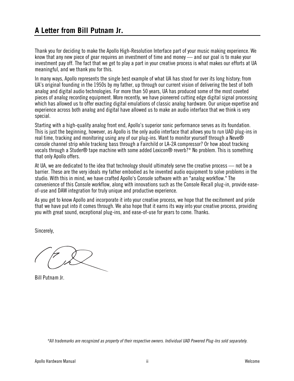 A letter from bill putnam jr | Universal Audio Apollo User Manual | Page 2 / 40