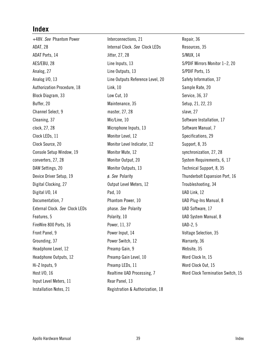 Index | Universal Audio Apollo User Manual | Page 39 / 40
