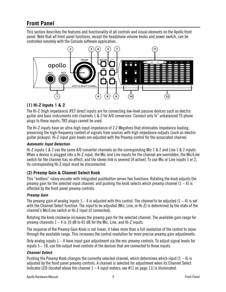 Front panel | Universal Audio Apollo User Manual | Page 9 / 40