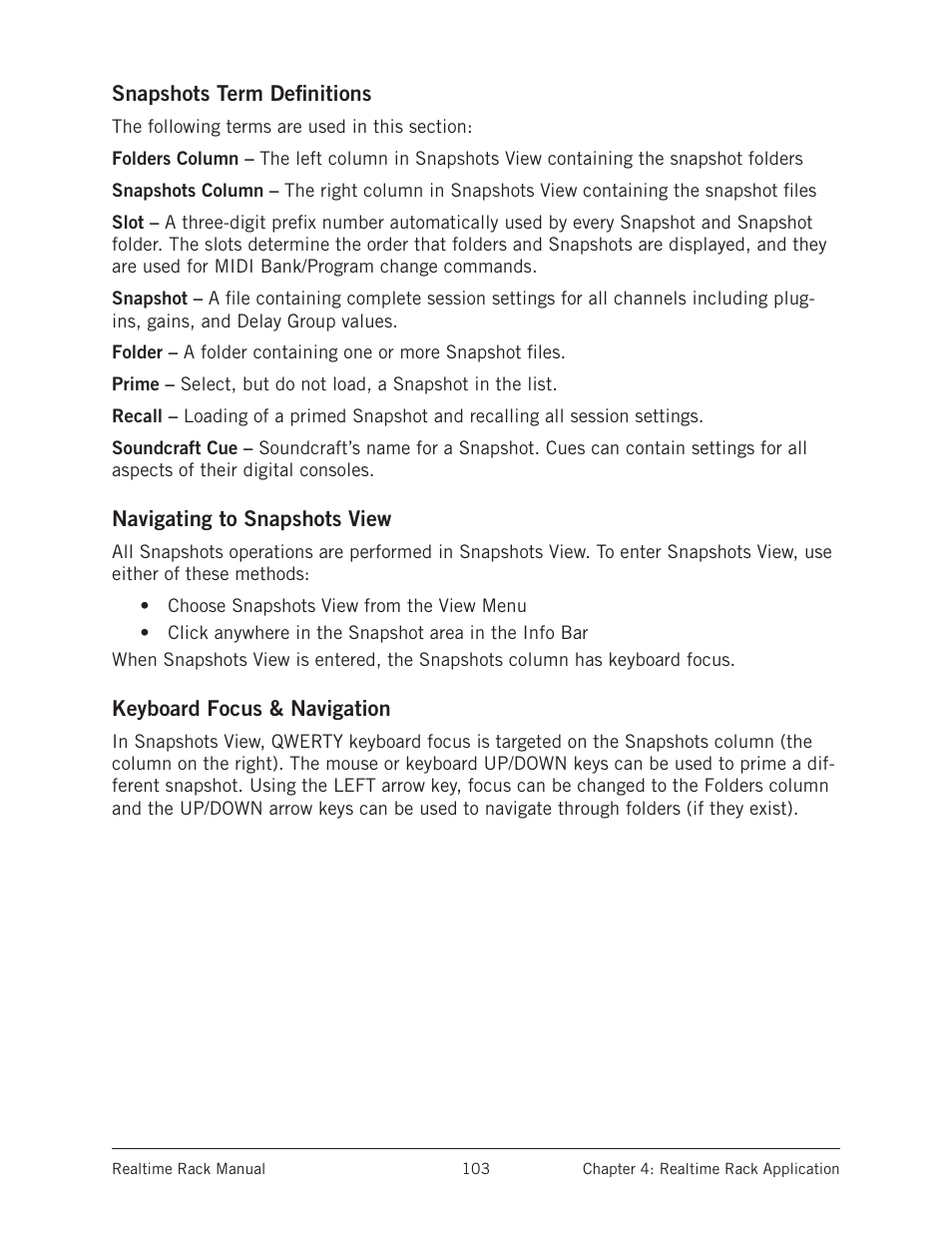 Snapshots term definitions, Navigating to snapshots view, Keyboard focus & navigation | Navigate to snapshots view | Universal Audio Realtime Rack User Manual | Page 103 / 155