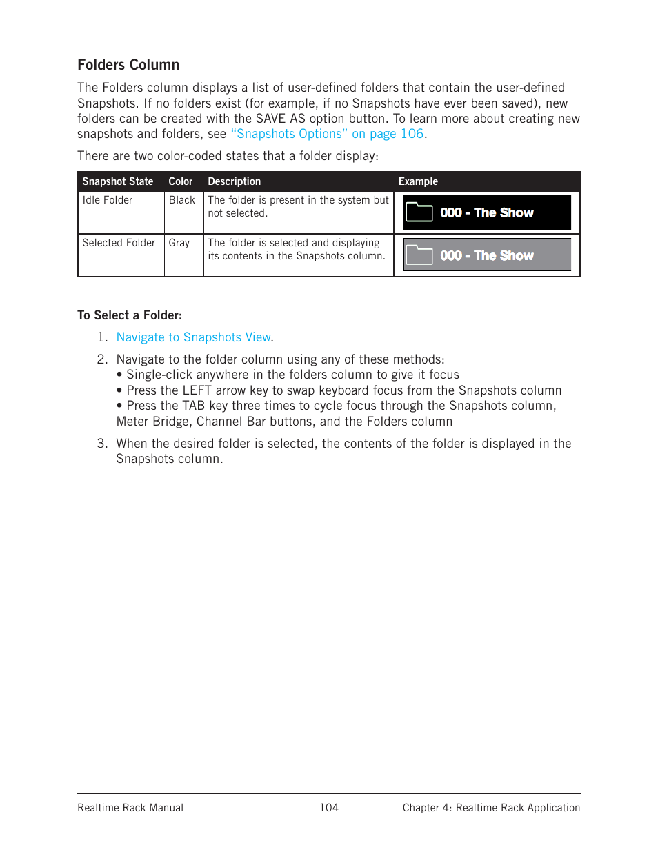 Folders column, To select a folder | Universal Audio Realtime Rack User Manual | Page 104 / 155