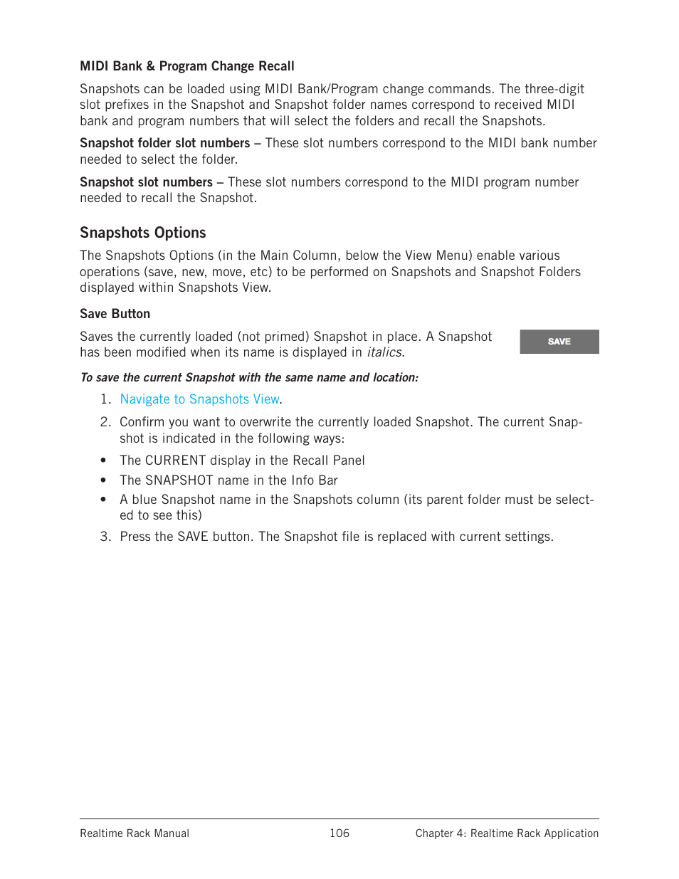 Midi bank & program change recall, Snapshots options, Save button | Save, Snapshots and folders, see | Universal Audio Realtime Rack User Manual | Page 106 / 155