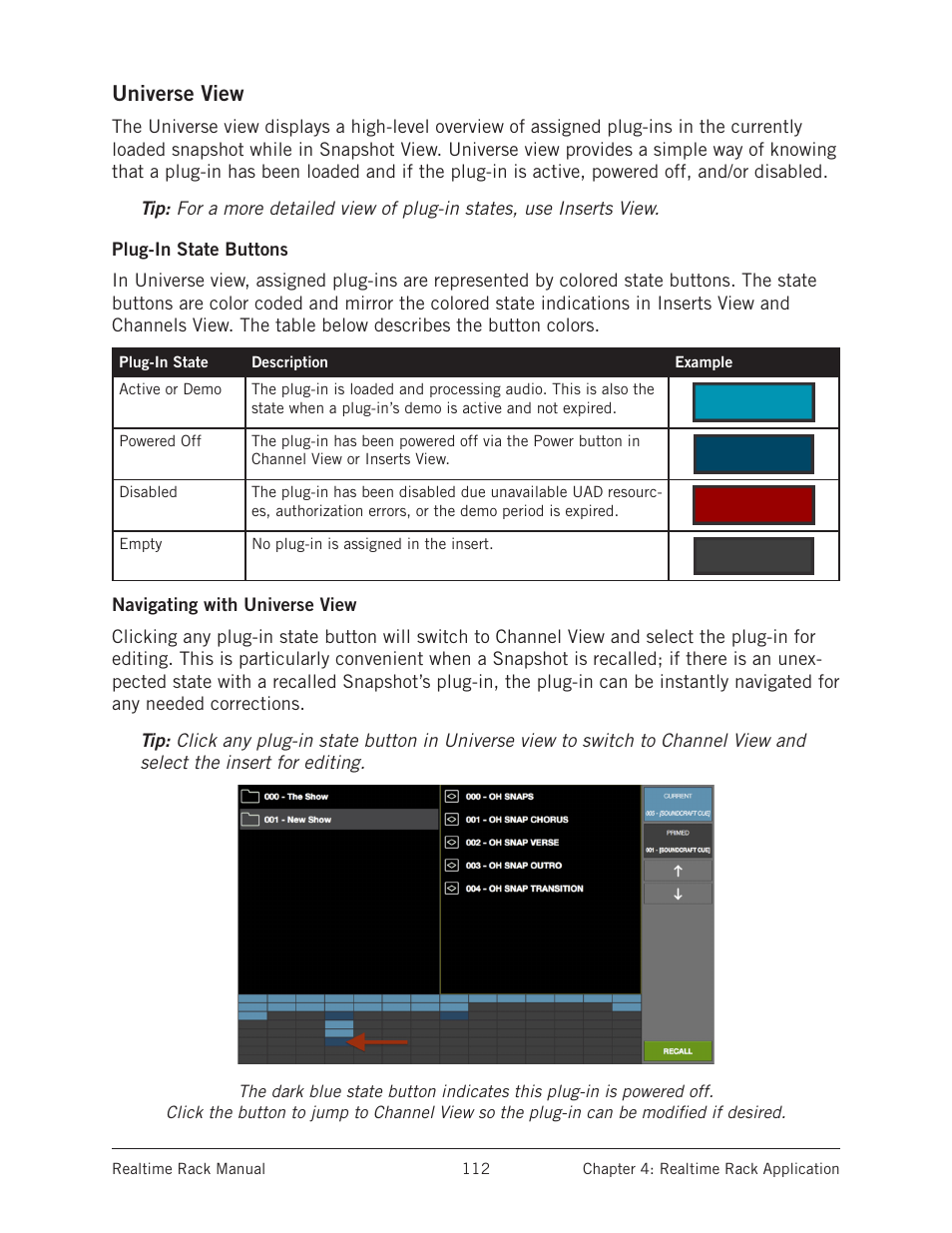Universe view, Plug-in state buttons, Navigating with universe view | Universal Audio Realtime Rack User Manual | Page 112 / 155