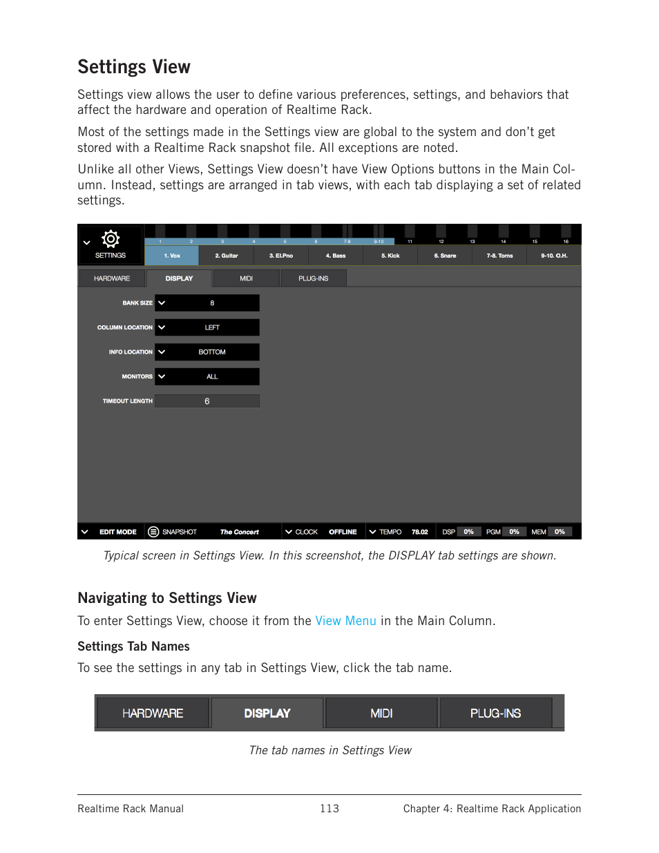Settings view, Navigating to settings view, Settings tab names | Universal Audio Realtime Rack User Manual | Page 113 / 155
