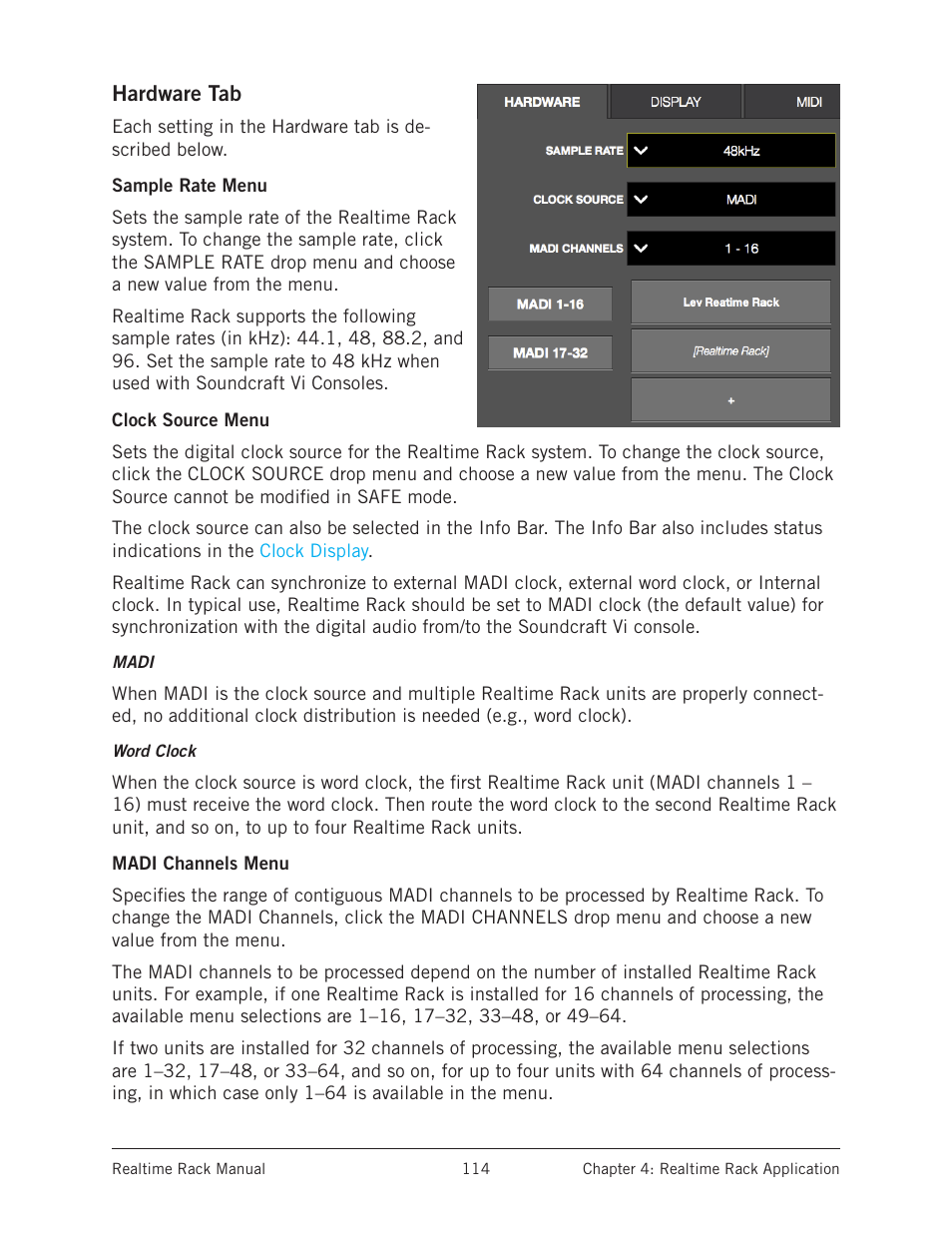 Hardware tab, Sample rate menu, Clock source menu | Madi channels menu | Universal Audio Realtime Rack User Manual | Page 114 / 155