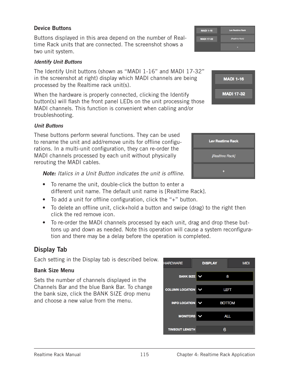 Device buttons, Display tab, Bank size menu | Universal Audio Realtime Rack User Manual | Page 115 / 155