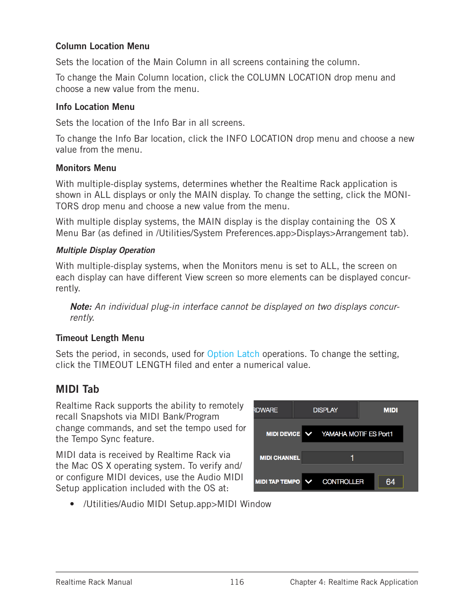 Column location menu, Info location menu, Monitors menu | Timeout length menu, Midi tab, Monitors menu” on | Universal Audio Realtime Rack User Manual | Page 116 / 155