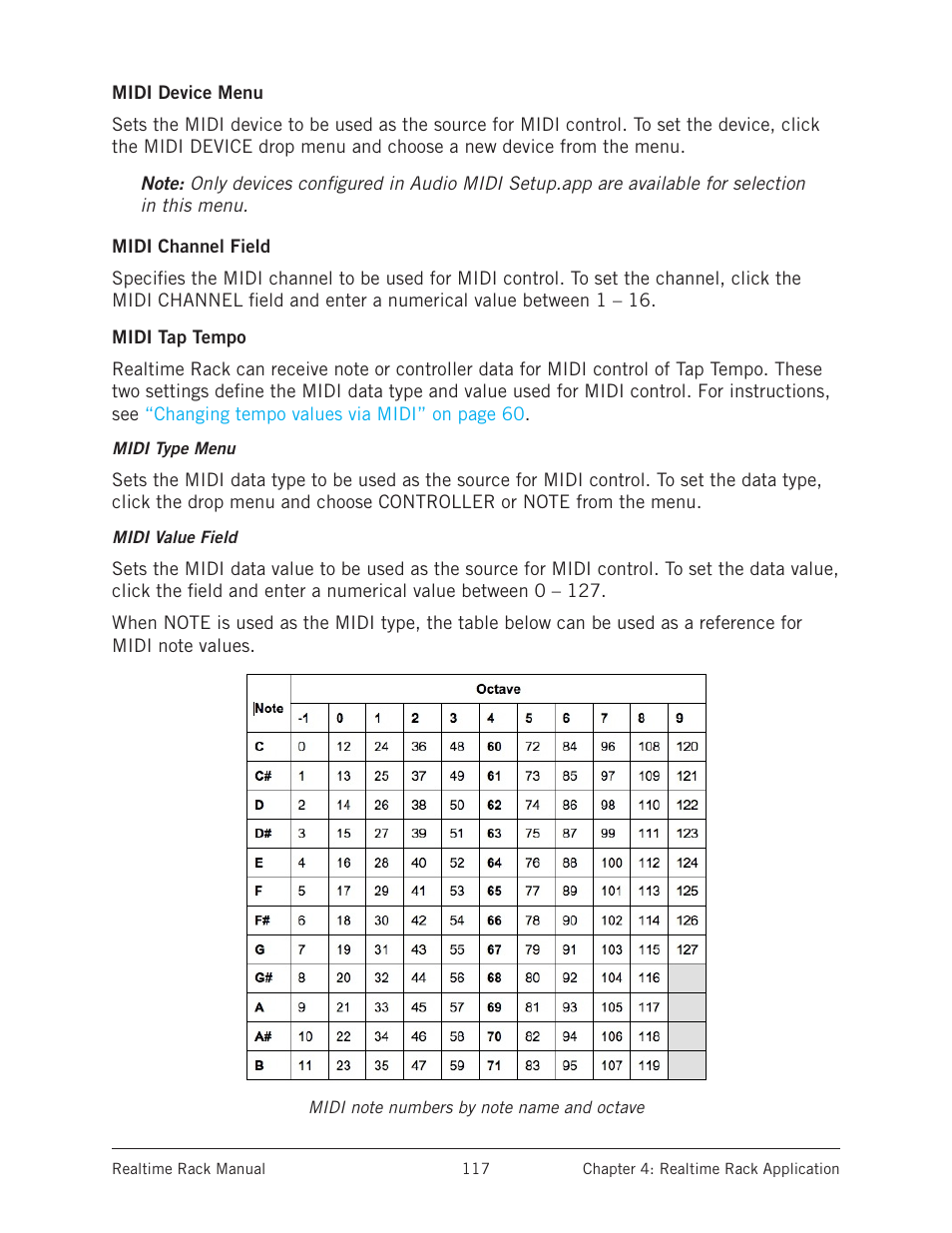 Midi device menu, Midi channel field, Midi tap tempo | Midi device menu midi channel field midi tap tempo | Universal Audio Realtime Rack User Manual | Page 117 / 155