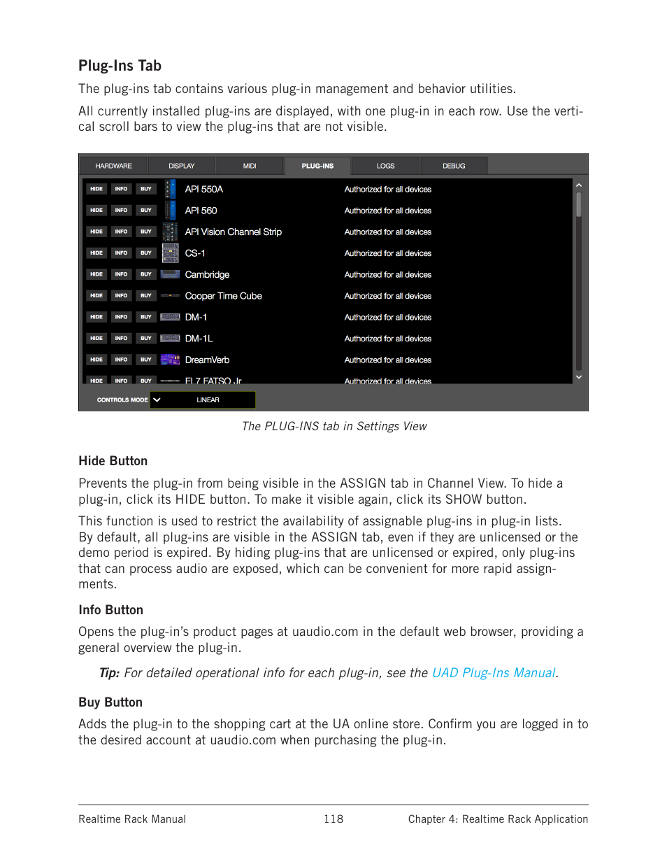 Plug-ins tab, Hide button, Info button | Buy button, Hide button info button buy button | Universal Audio Realtime Rack User Manual | Page 118 / 155
