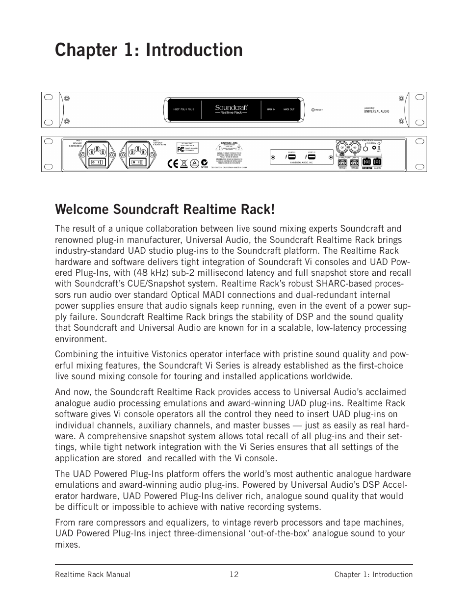 Chapter 1: introduction, Welcome soundcraft realtime rack | Universal Audio Realtime Rack User Manual | Page 12 / 155