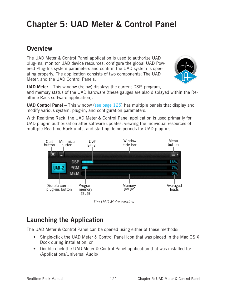 Chapter 5: uad meter & control panel, Overview, Launching the application | Overview launching the application, Chap | Universal Audio Realtime Rack User Manual | Page 121 / 155