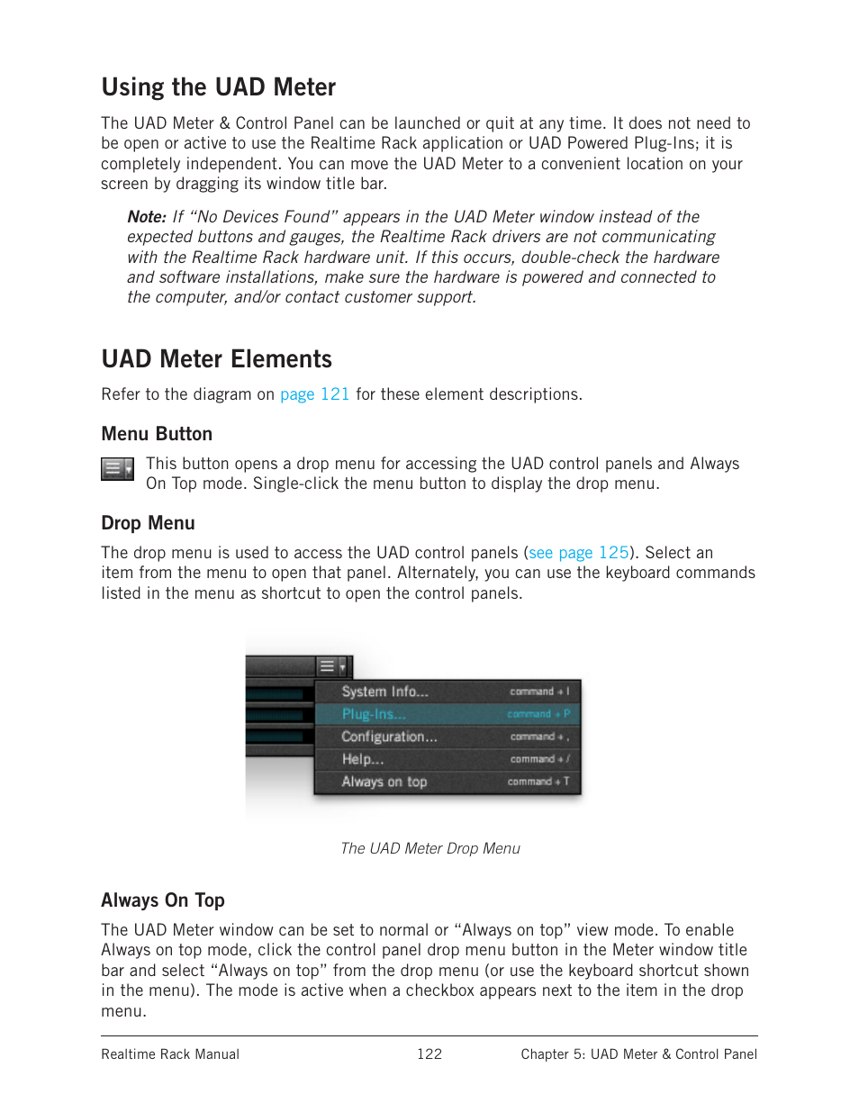 Using the uad meter, Uad meter elements, Menu button | Drop menu, Always on top, Using the uad meter uad meter elements, Menu button drop menu always on top | Universal Audio Realtime Rack User Manual | Page 122 / 155