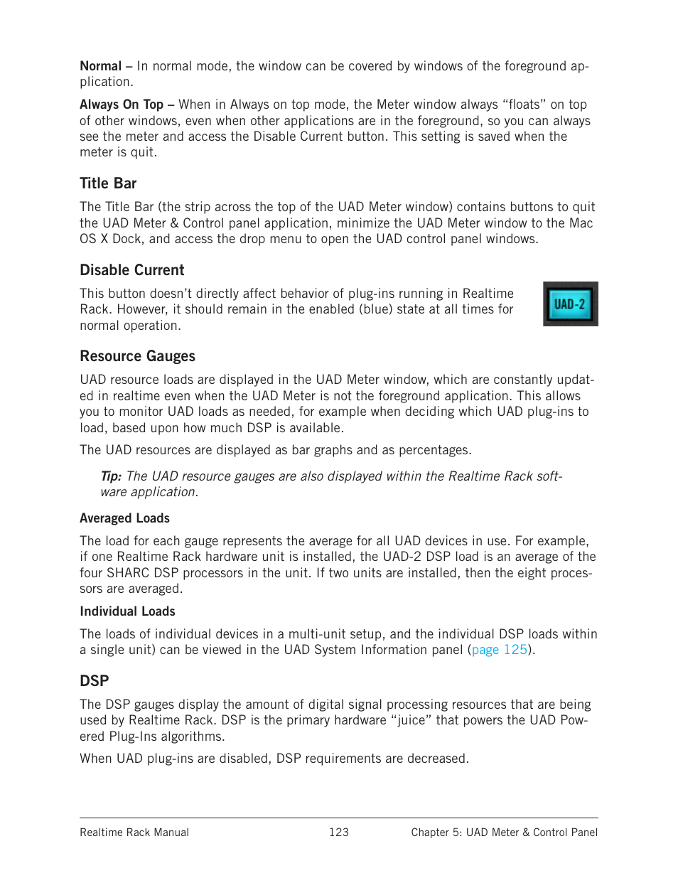 Title bar, Disable current, Resource gauges | Averaged loads, Individual loads, Title bar disable current resource gauges, Averaged loads individual loads | Universal Audio Realtime Rack User Manual | Page 123 / 155